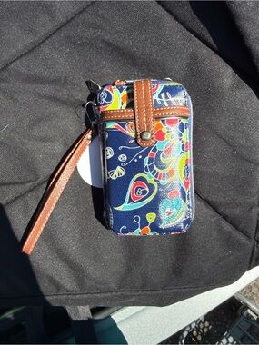 Sakroots Navy Multi Floral Wristlet Phone Pouch with Brown Strap